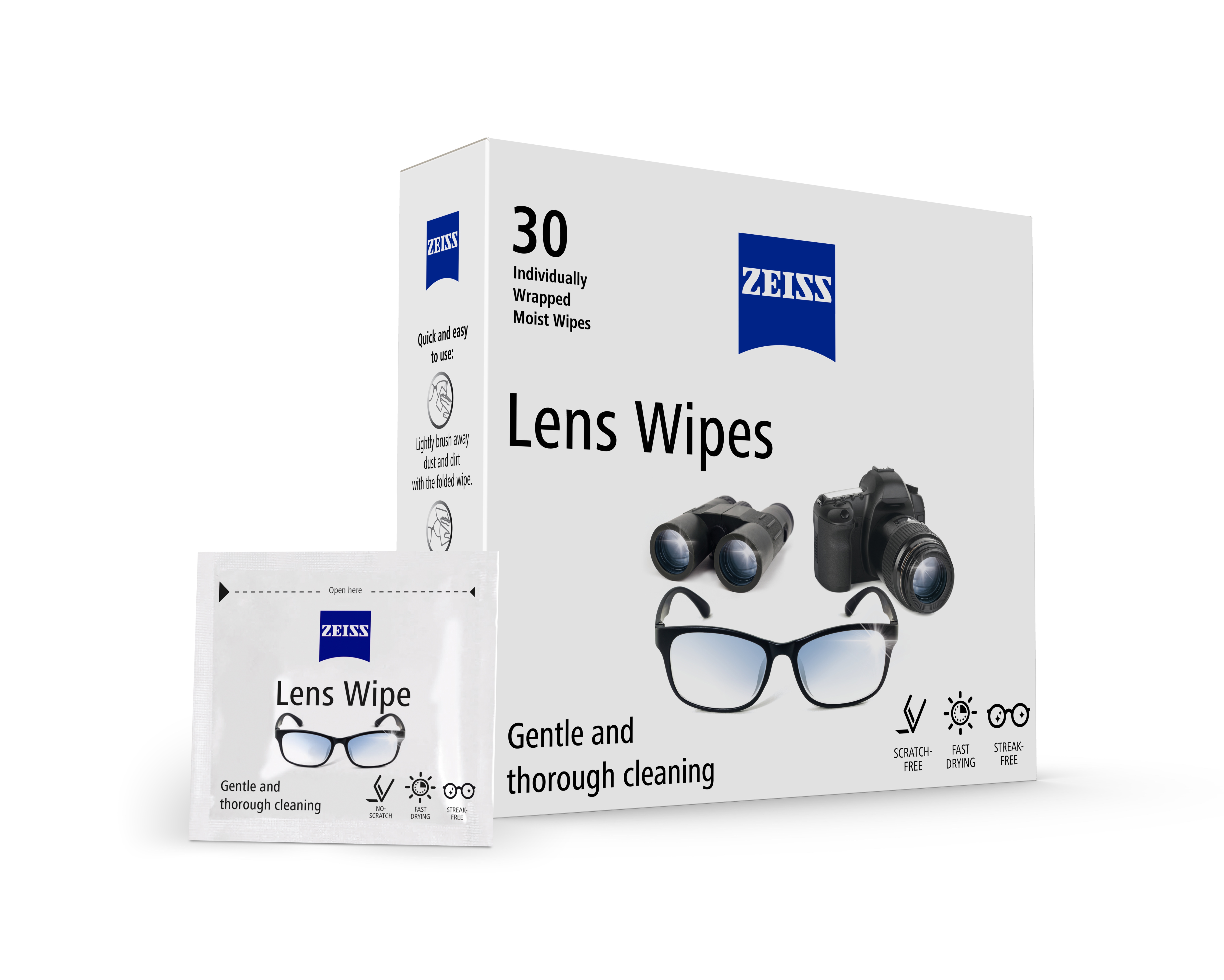 ZEISS Lens Wipes retail box, 24 individually wrapped moist wipes